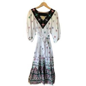 Ramona Rull Vintage Indian Print Caftan Tent Dress White Size M